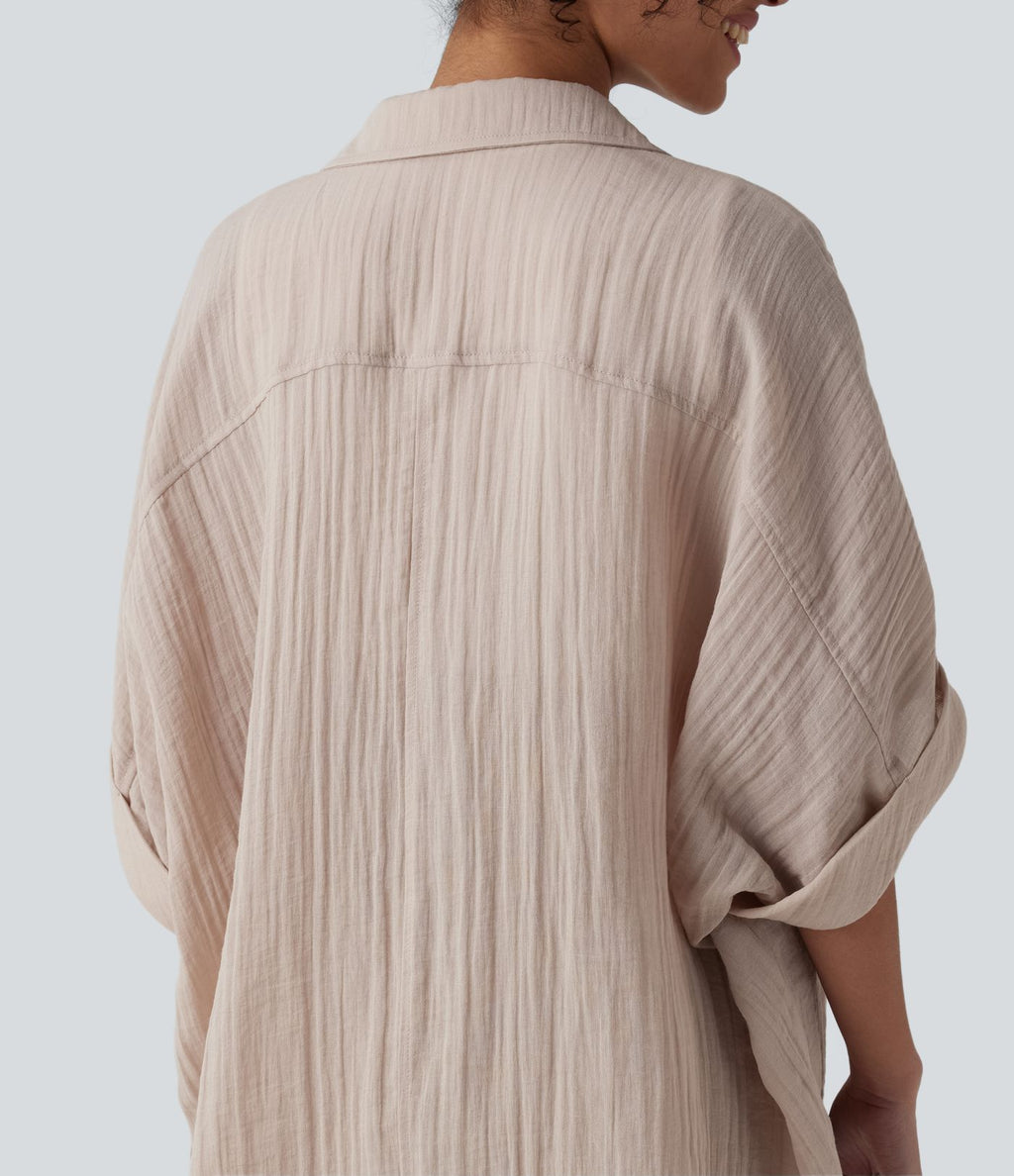 Chemise décontractée effet lin à manches mi-longues avec poche