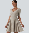 Robe mini casual évasée col V manches courtes en maille côtelée