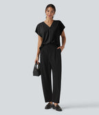 Blouse esprit bureau oversize défroissage facile, col V et manches courtes