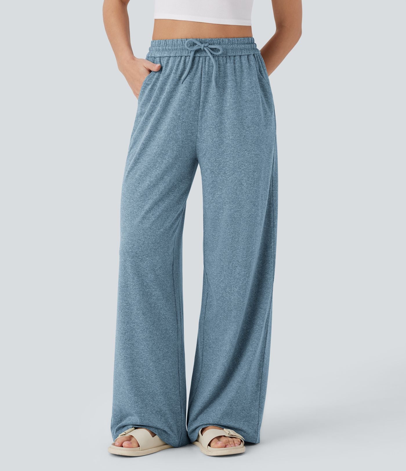 Pantalon large décontracté taille haute avec cordon de serrage et poches latérales