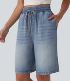Short denim décontracté taille haute en lyocell 22,8 cm avec cordon de serrage et poches