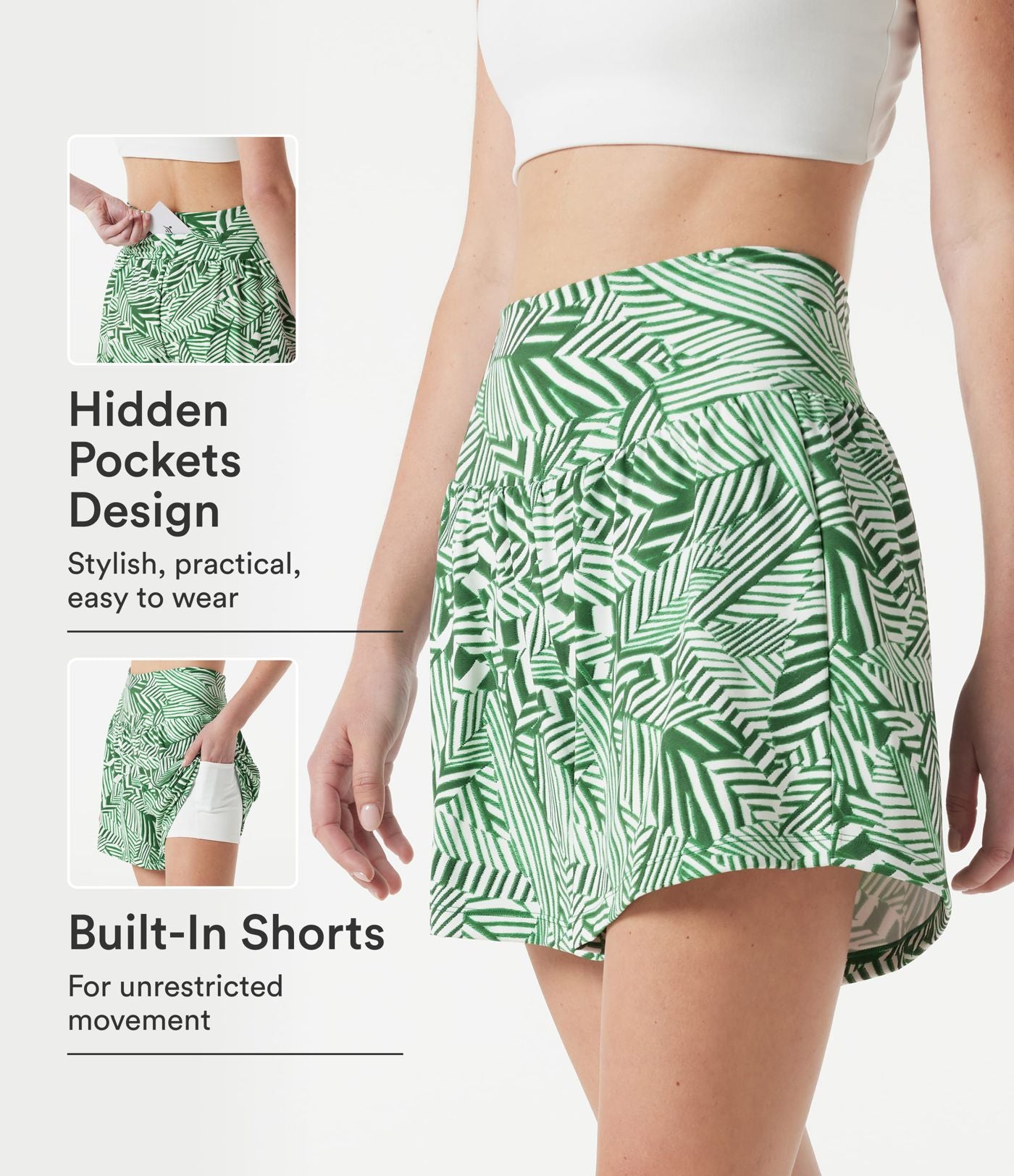 Short 2-en-1 taille haute imprimé plantes tropicales 12,5 cm avec poches