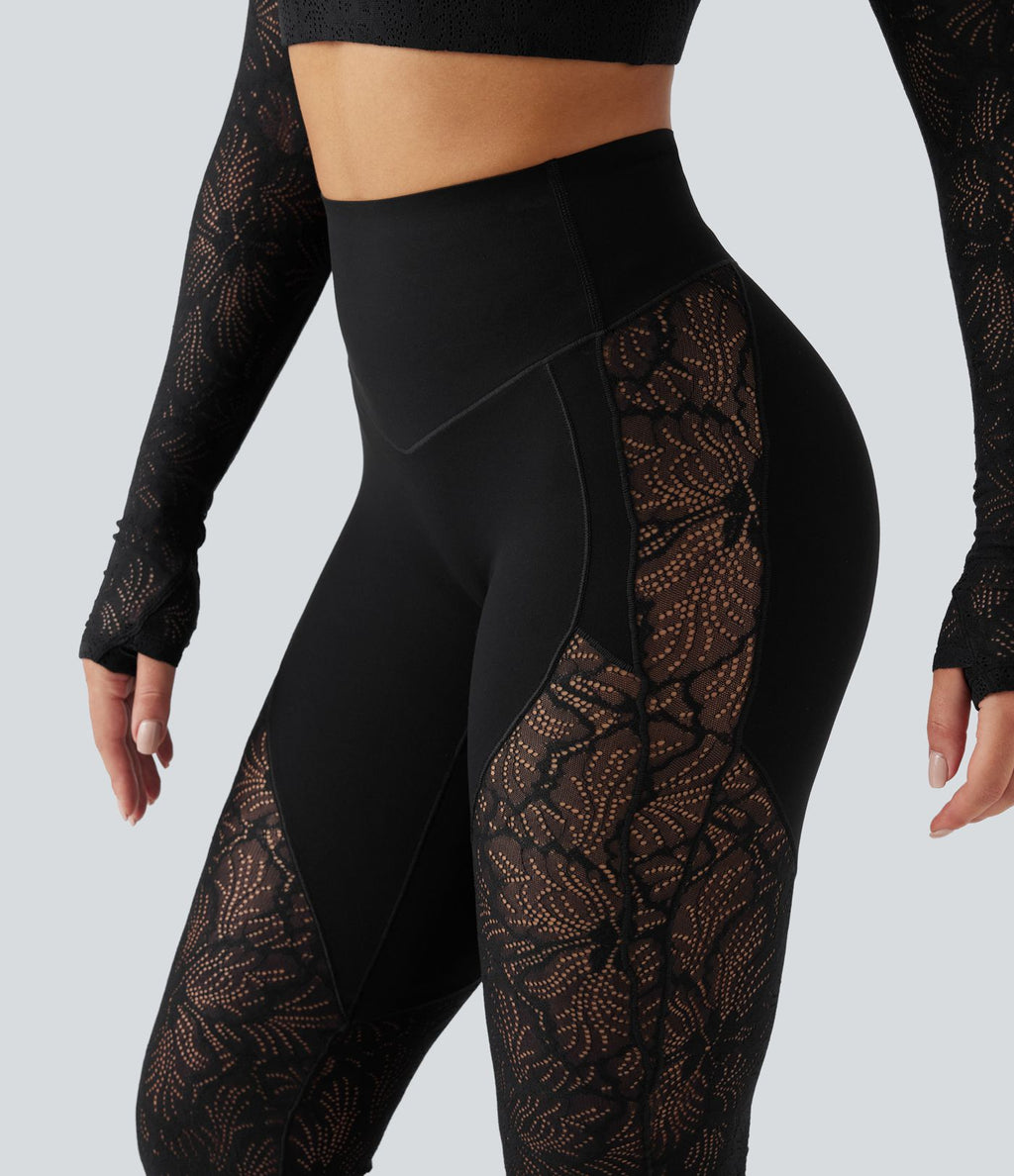 Pantalon de yoga évasé gainant taille haute avec dentelle contrastée et poche Halara UltraSculpt™