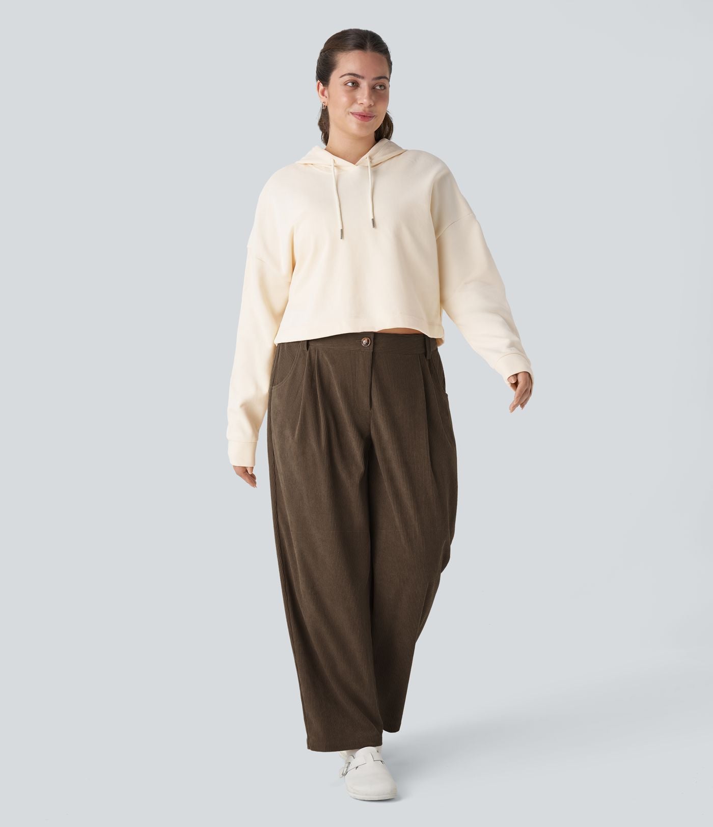 Pantalon Casual Grande Taille Velours Côtelé Taille Mi-haute Boutonnés Fermeture Éclair Poches Latérales