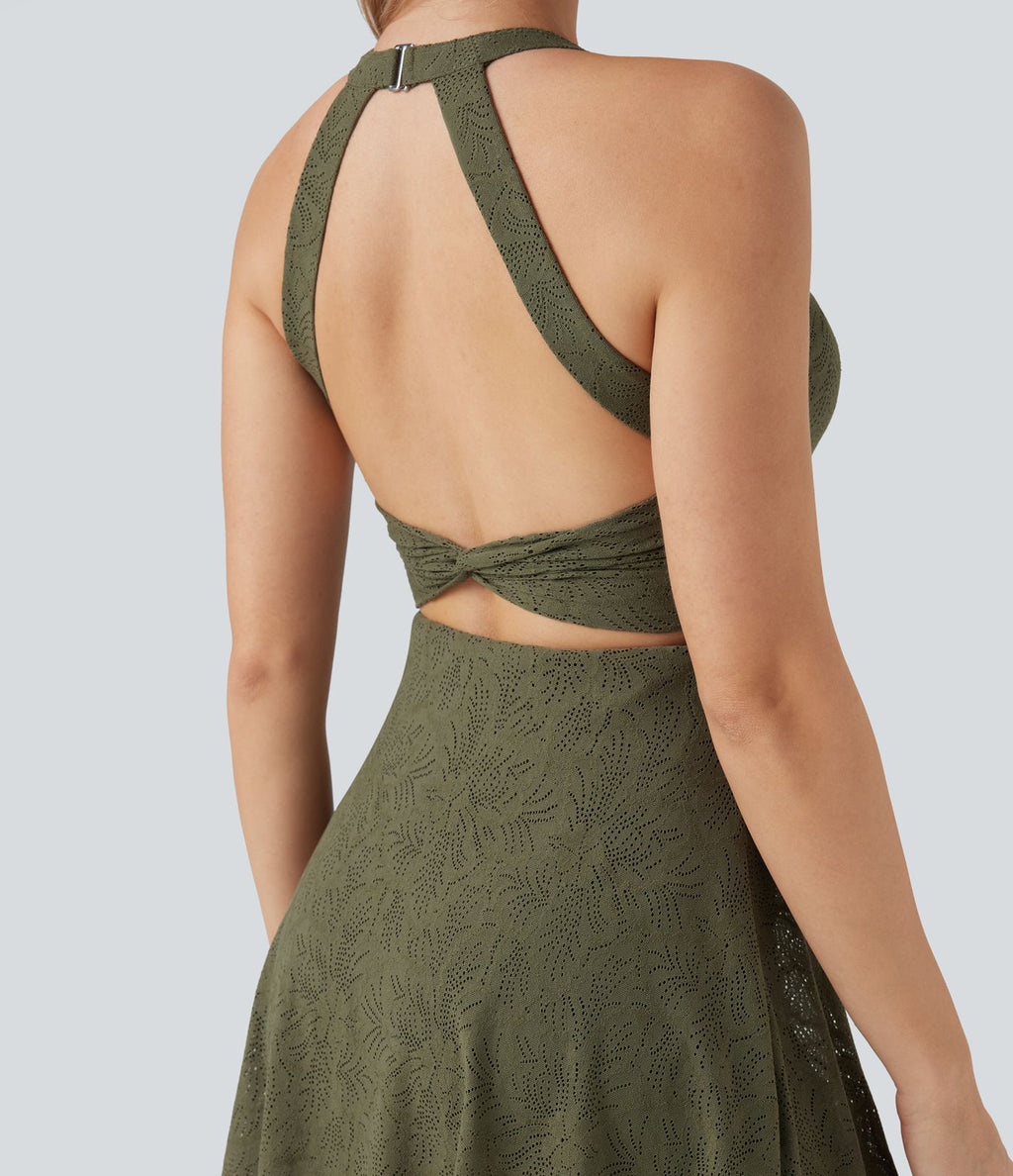 Robe-short 2-en-1 mini de danse active avec dos nu, détail torsadé, dentelle et poches-Easy Peasy