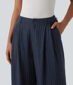 Pantalon bureau taille haute rayé, coupe ample avec poches