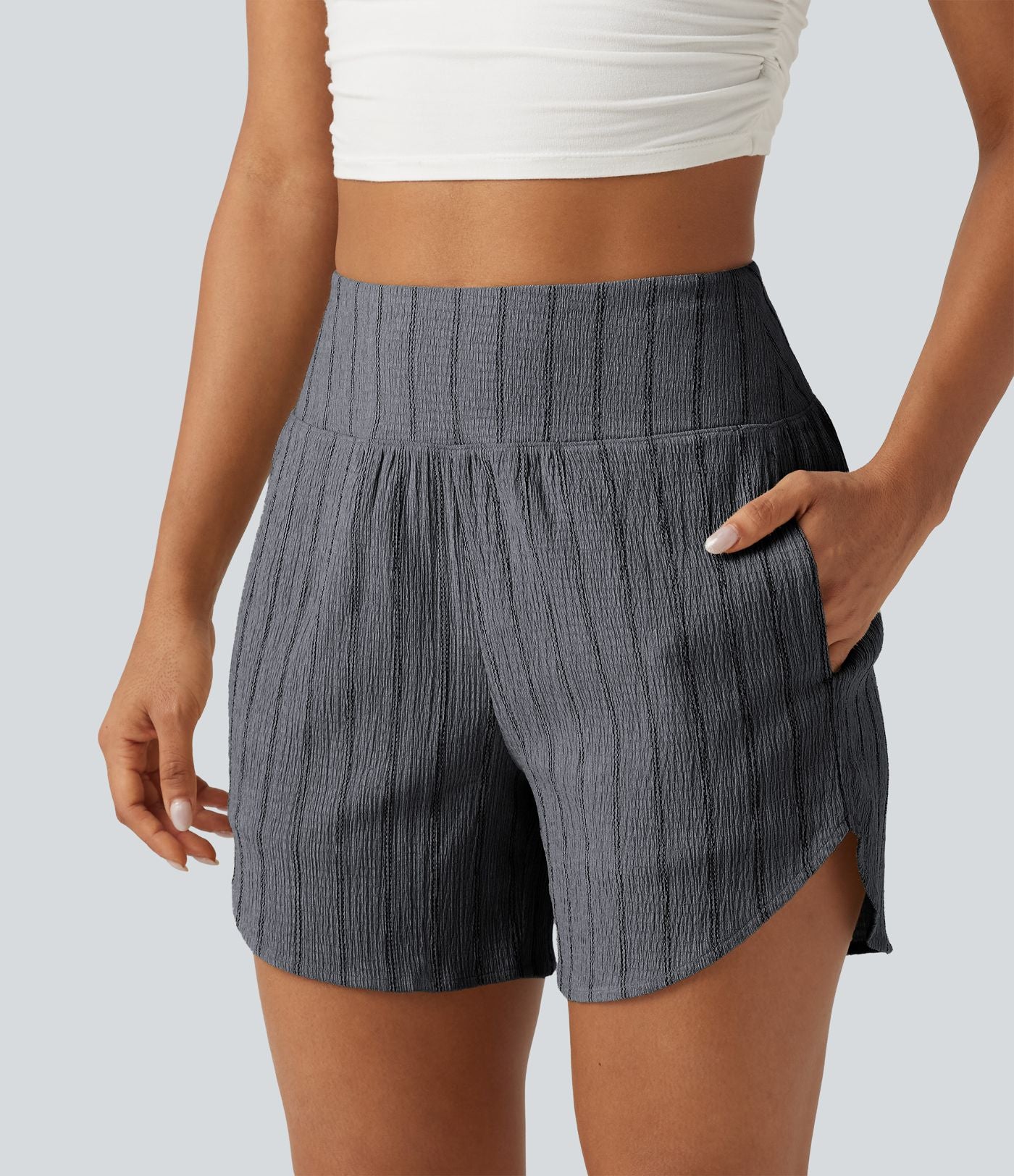 Short casual taille haute ourlet arrondi rayures avec poches