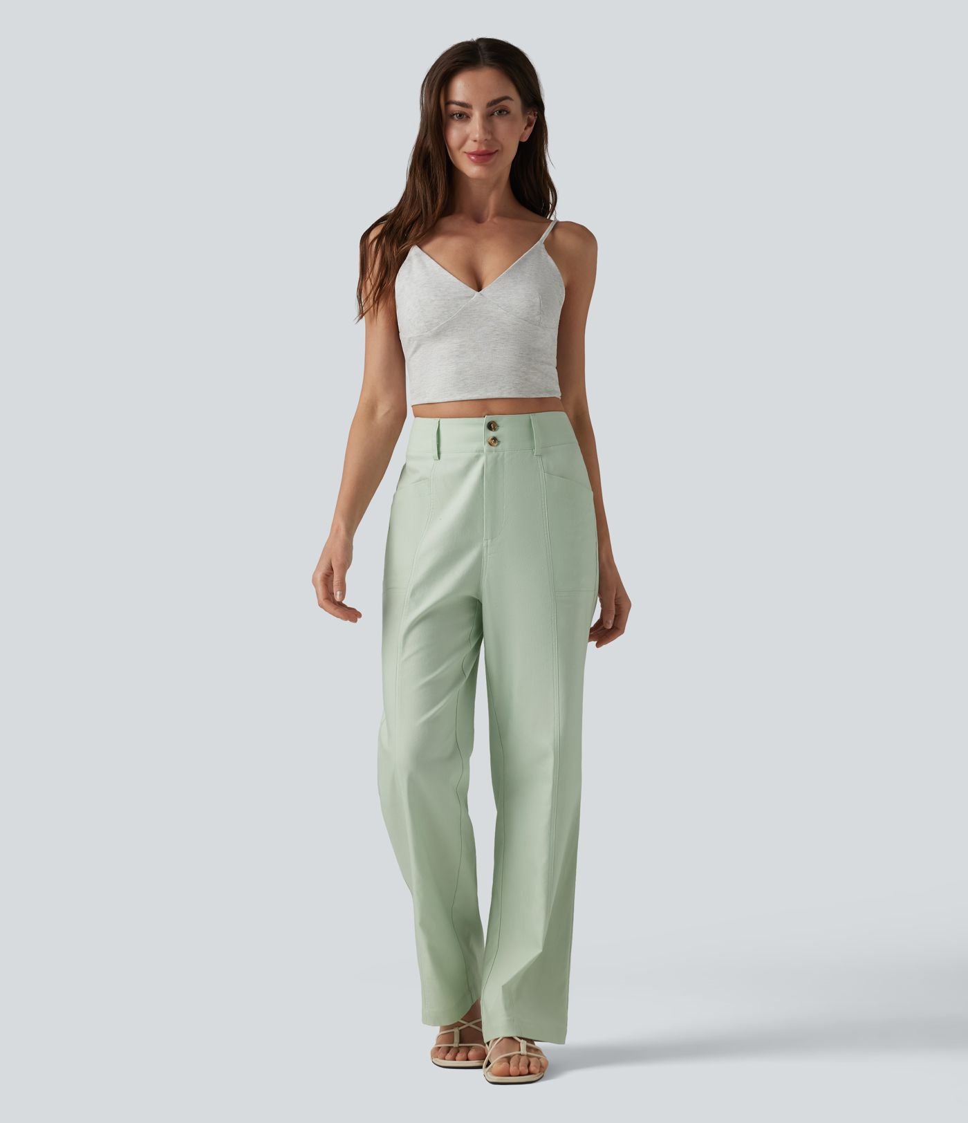 Pantalon droit décontracté en coton et lin taille haute avec poches