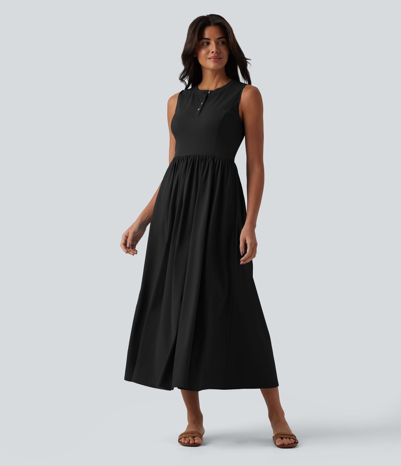Robe midi évasée fluide décontractée Breezeful™ col Henley sans manches à séchage rapide avec poches