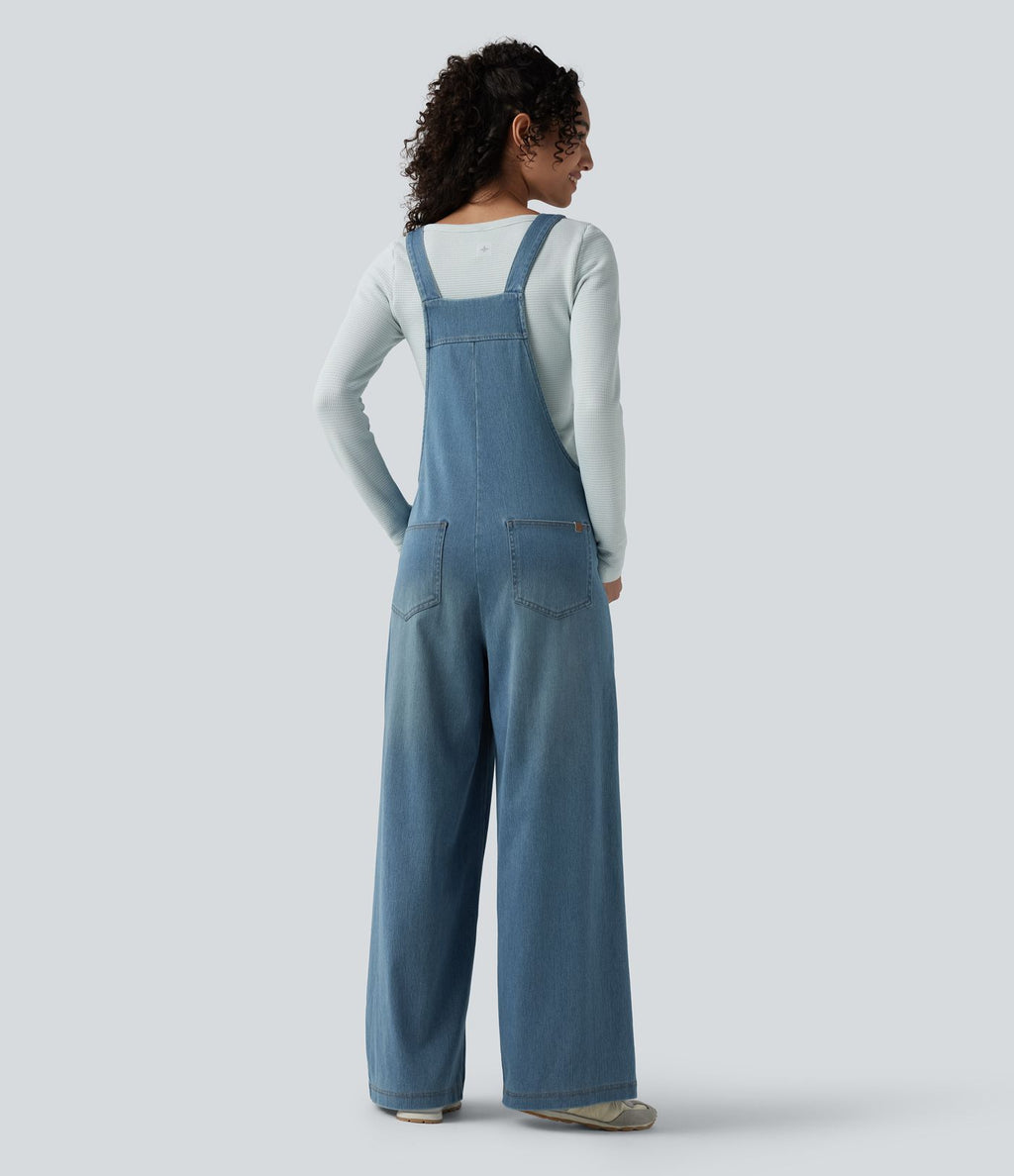 Salopette denim Halara Flex™ col carré effet délavé avec poches