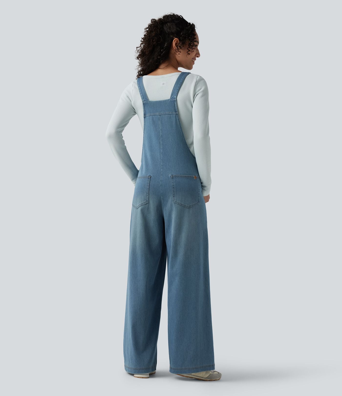 Salopette denim Halara Flex™ col carré effet délavé avec poches