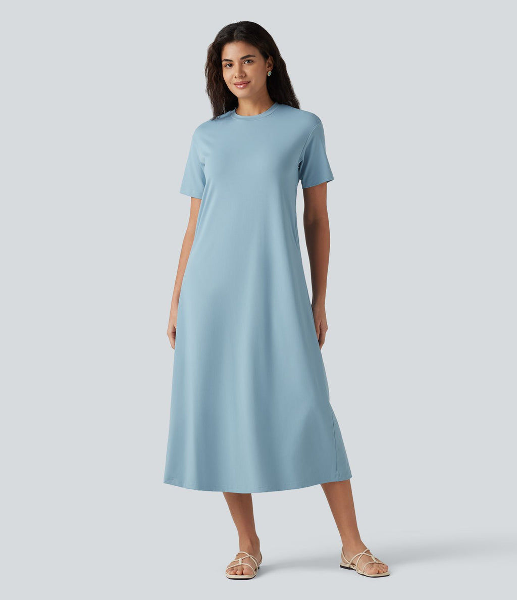Robe midi décontractée à col rond, manches courtes et poches