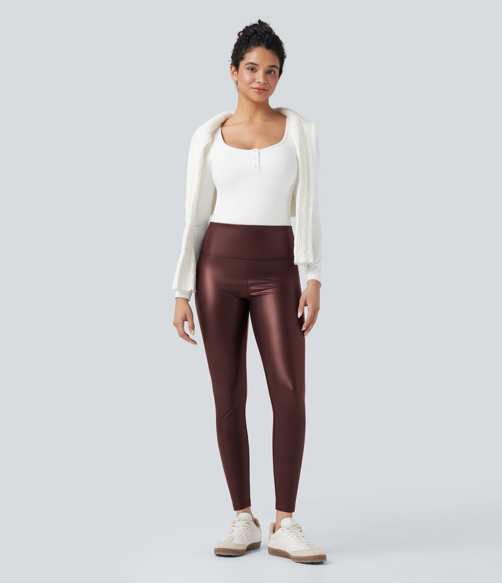 Pantalon 7/8 moulant décontracté polaire gainant taille haute extensible effet cuir avec poches