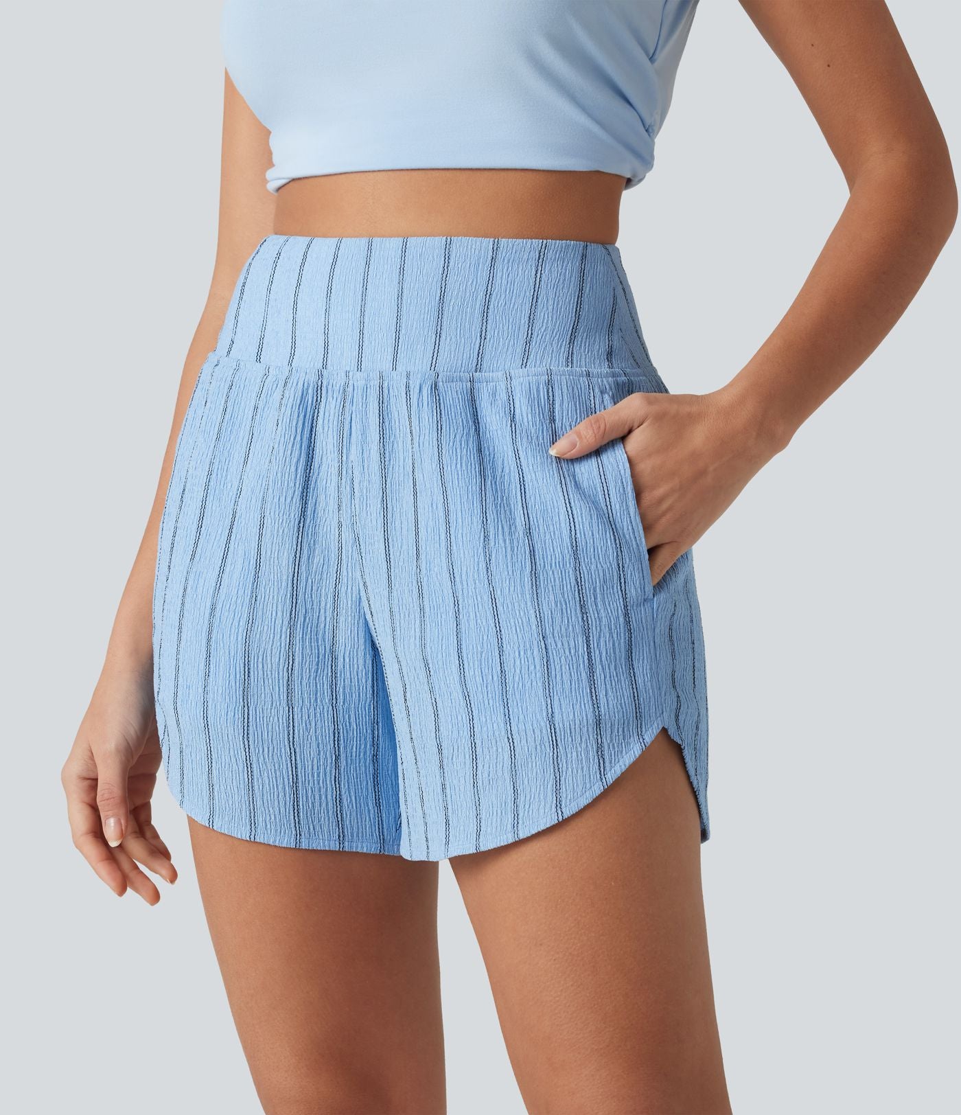 Short casual taille haute ourlet arrondi rayures avec poches