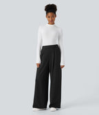 Pantalon Jogging Thermique Taille Haut Jambes Larges Poche Latérale Plissée en Fleece