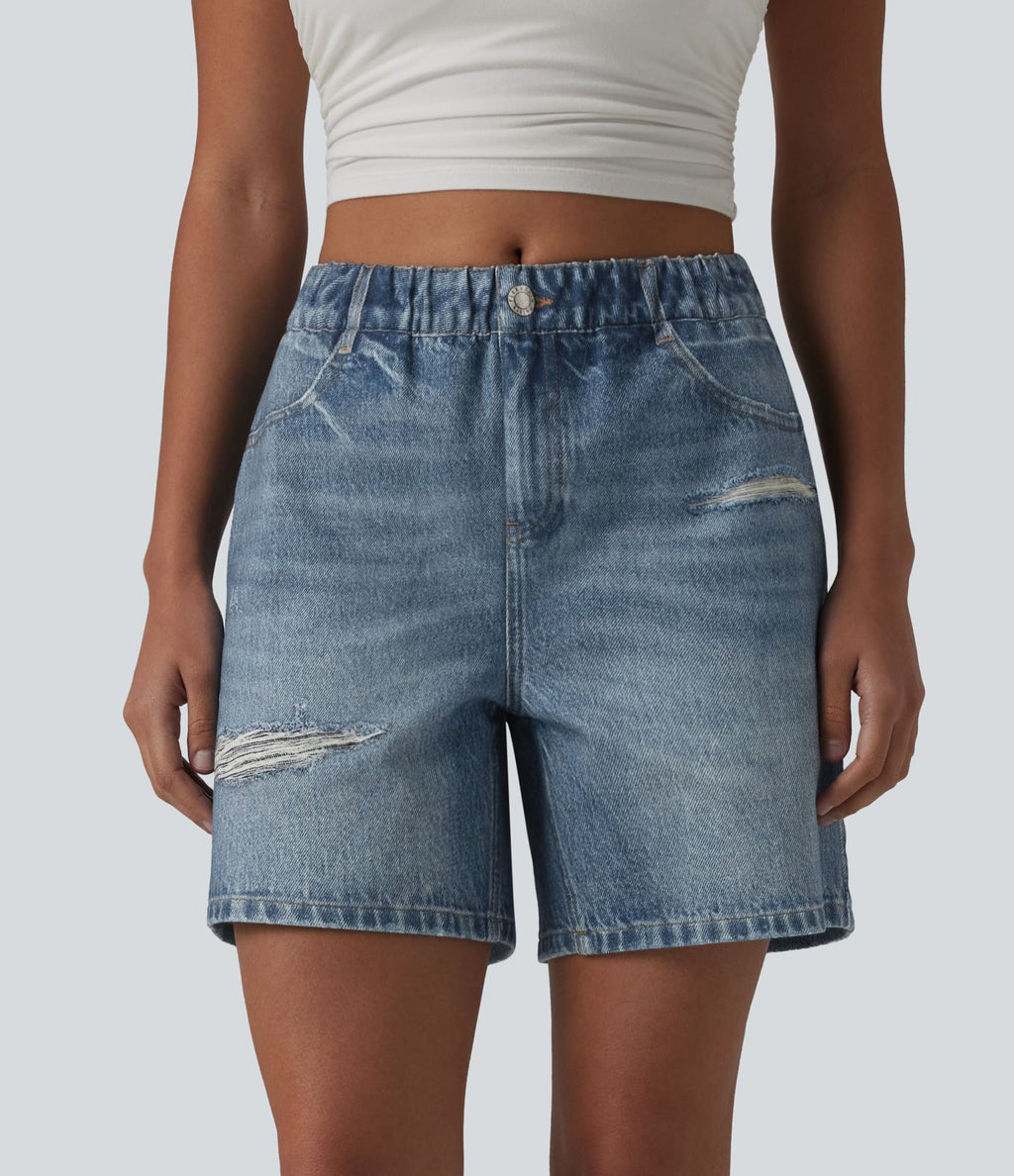 Short casual en molleton imprimé denim taille mi-haute 12,5 cm avec poches