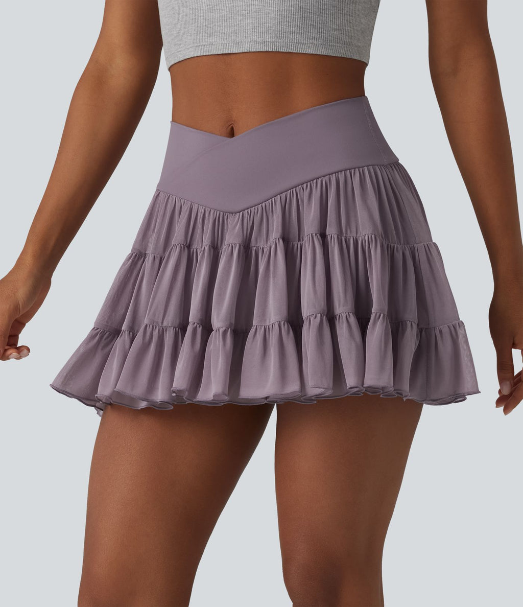 Jupe de tennis courte 2 en 1 fluide à taille haute et croisée avec poches - Longueur courte