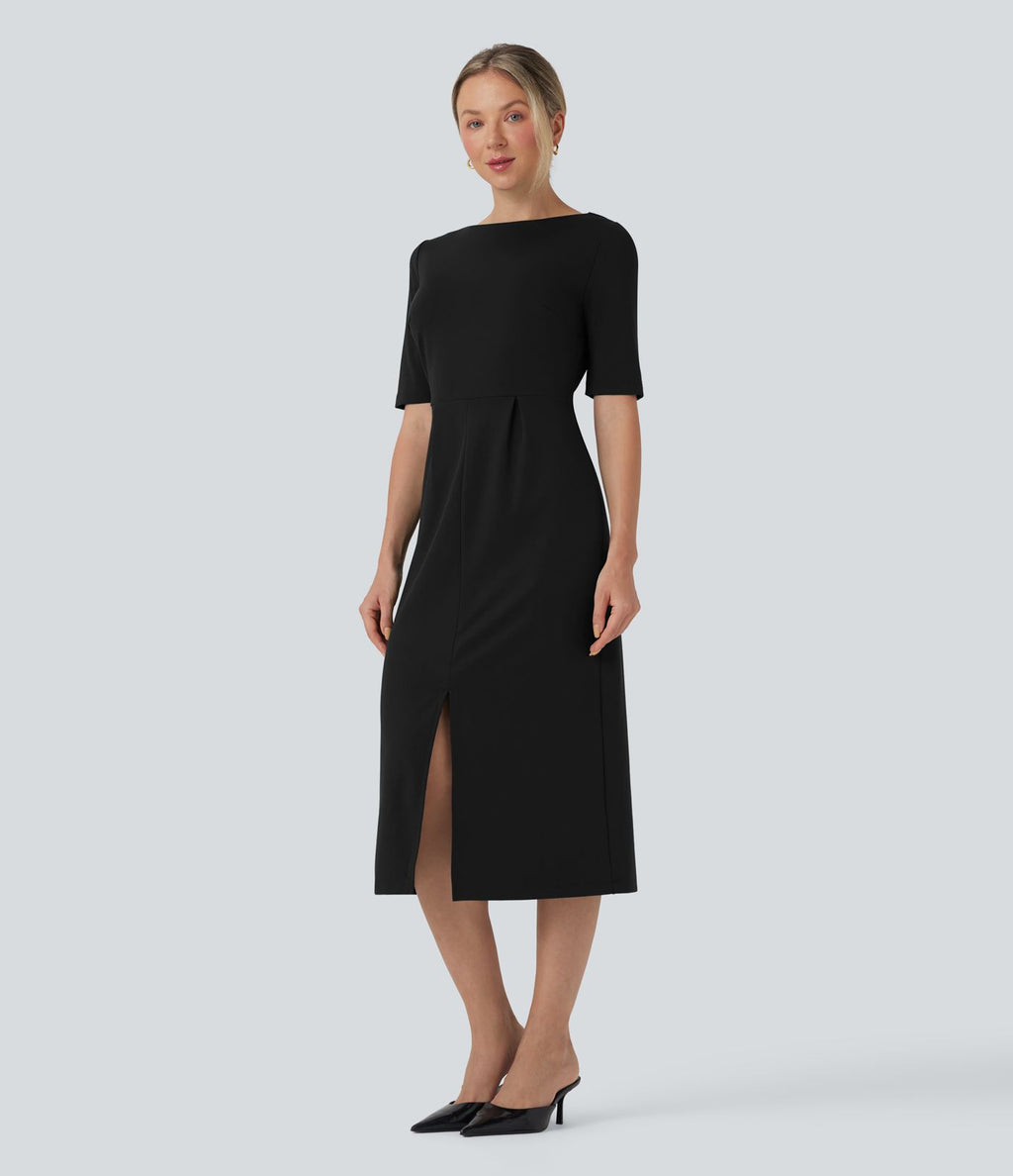 Robe tailleur décolleté arrondi manches courtes avec fente