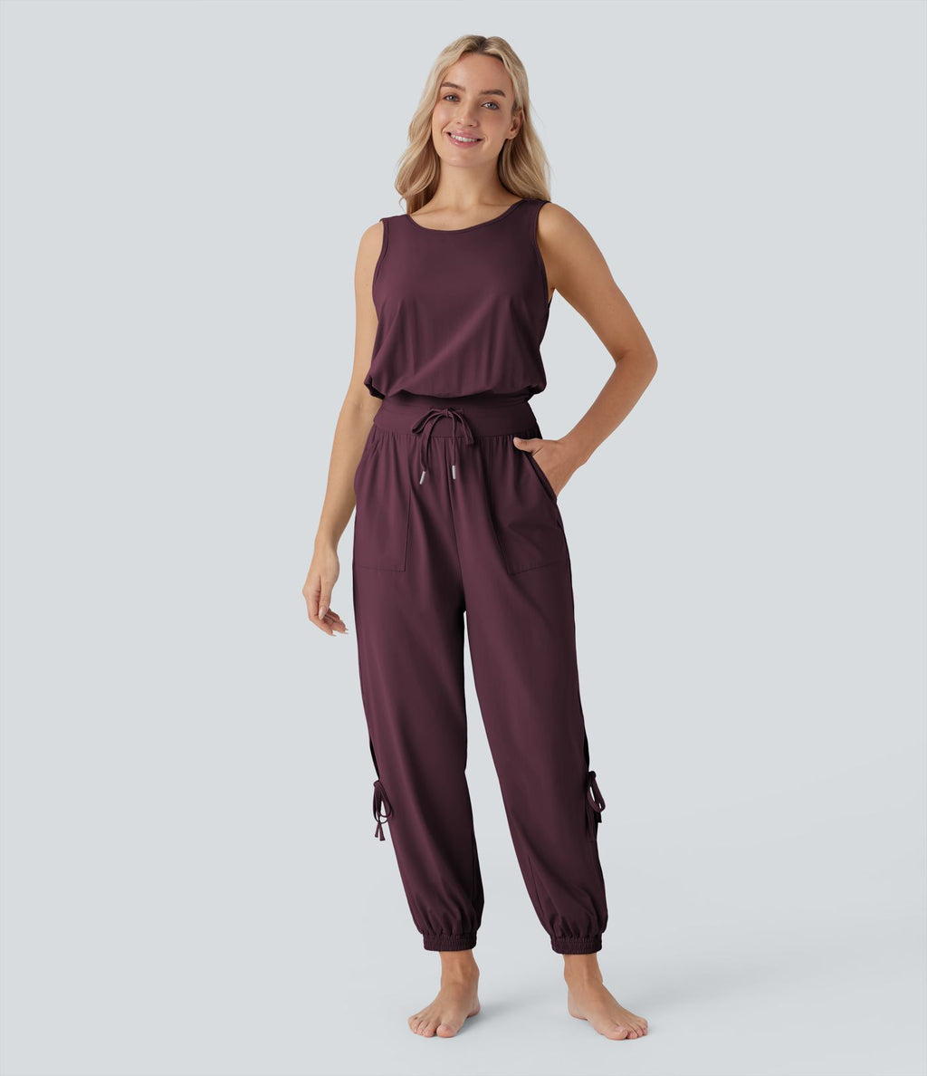 Combinaison de yoga col bateau sans manches dos nu avec découpes et poches latérales à cordon de serrage effet frais InstantCool, protection solaire UPF50+