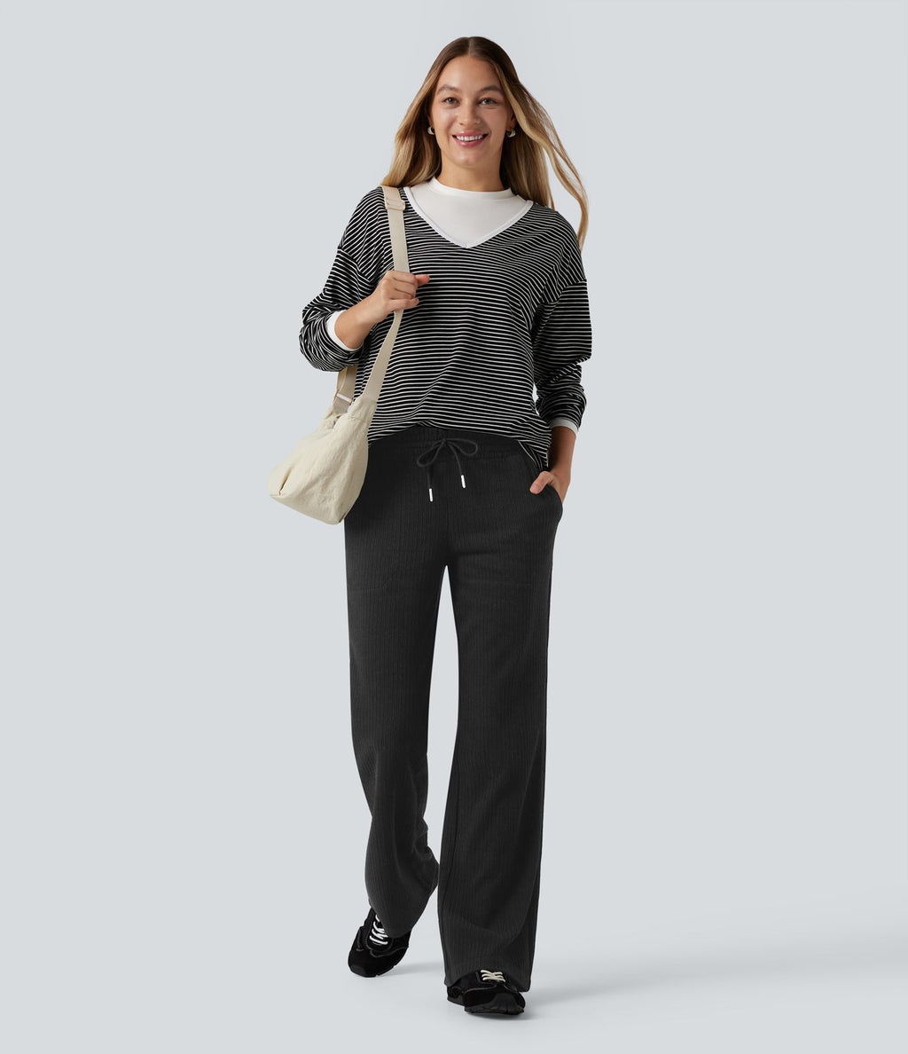 Pantalon décontracté bootcut côtelé, taille basse, cordon et poches