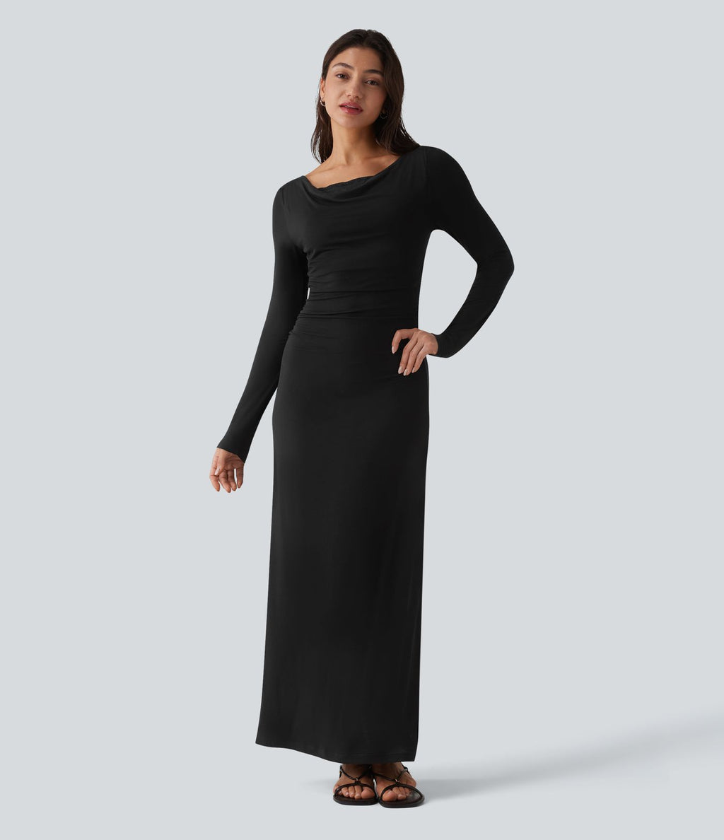 Robe longue en maille côtelée col bénitier manches longues avec dentelle contrastée