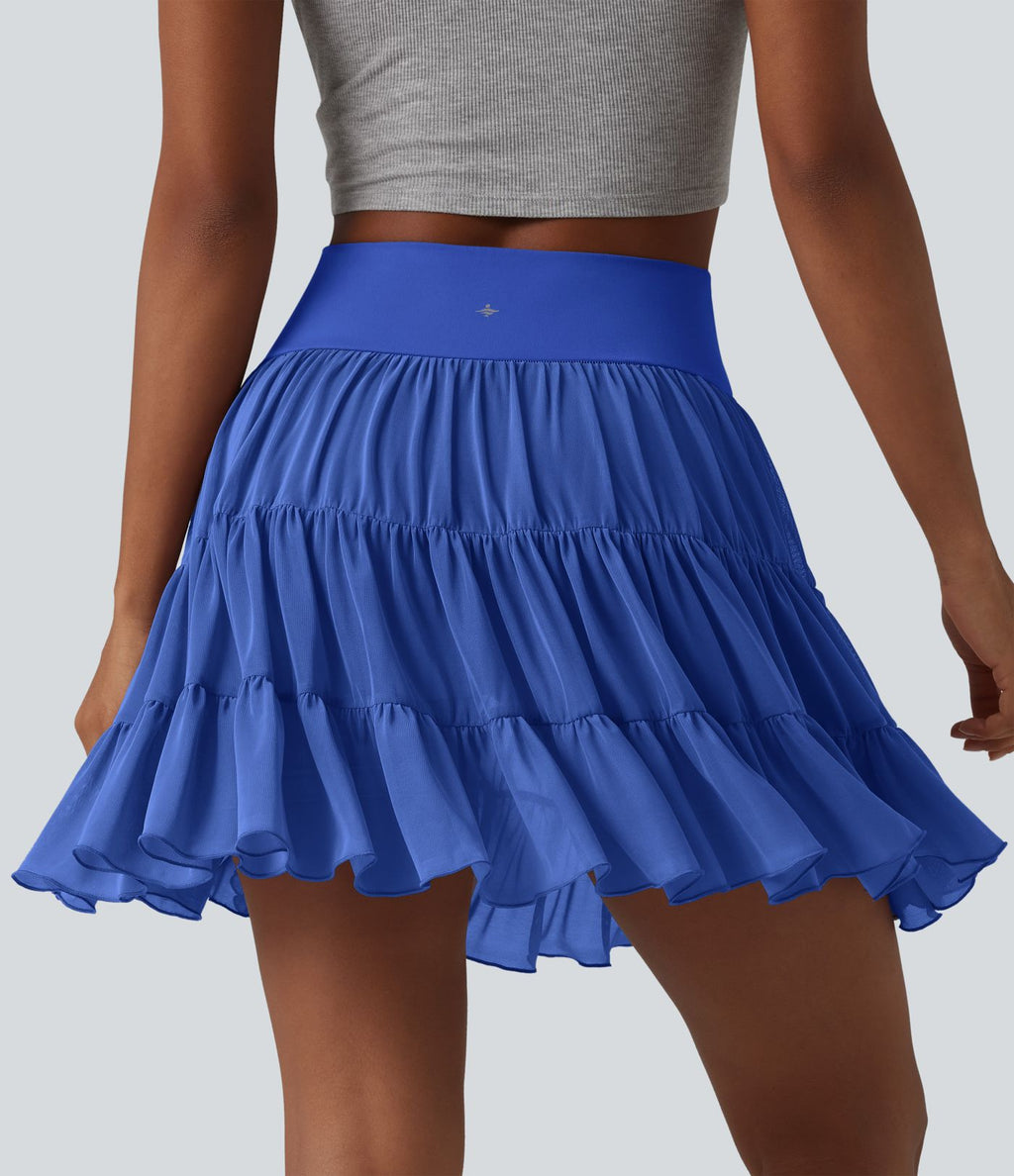 Jupe mini de tennis 2 en 1 croisée évasée taille haute avec poches - longueur allongée