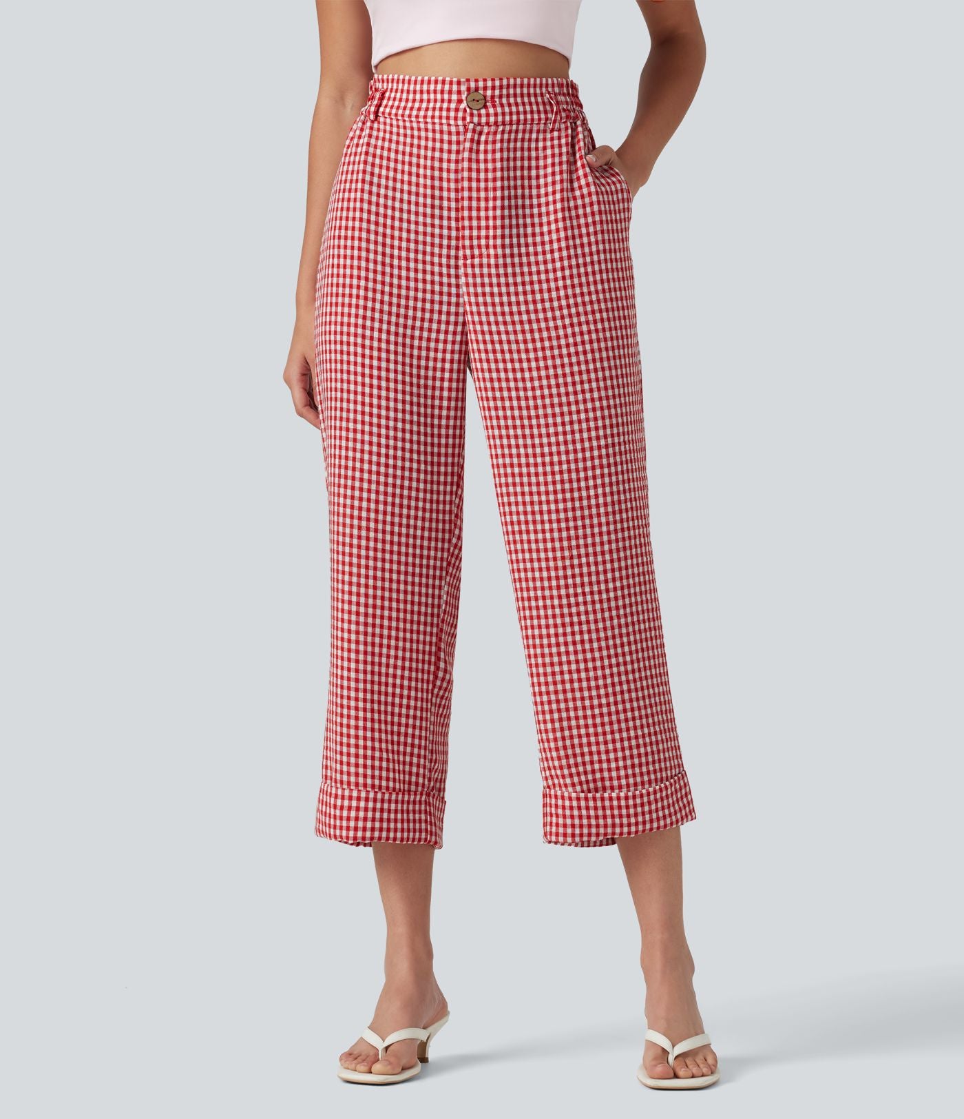 Pantalon 7/8 décontracté aspect lin à carreaux taille haute avec poches