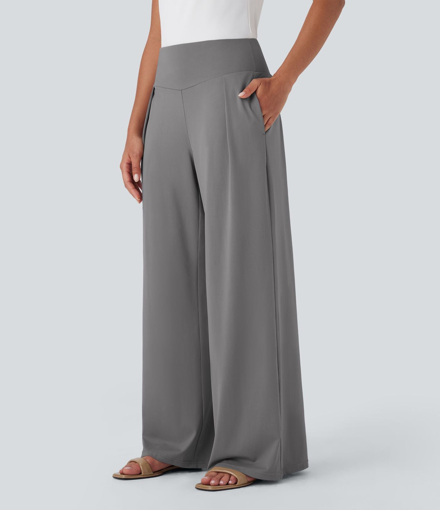 Pantalon large fluide taille haute avec poches latérales