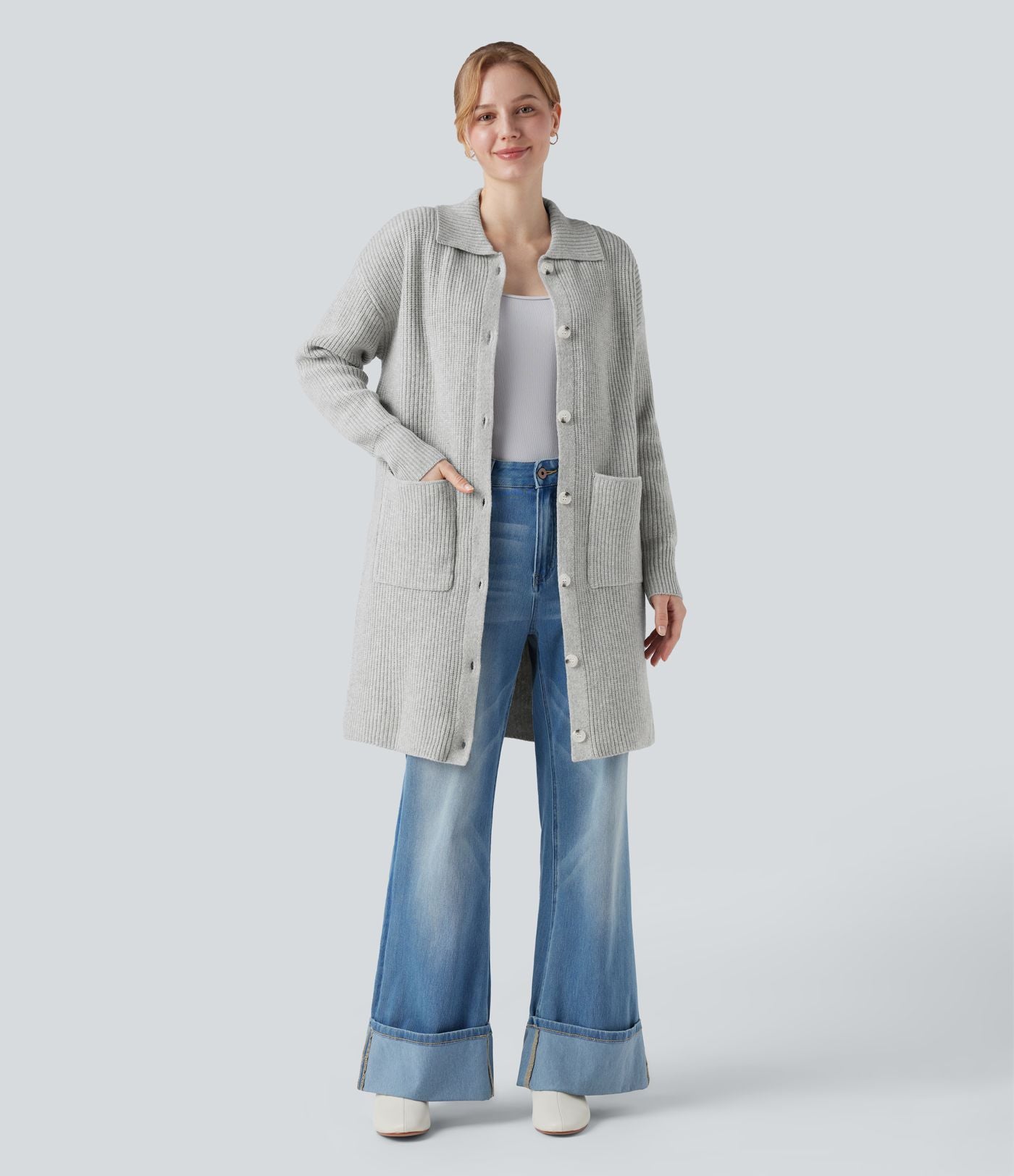 Gilet long casual col manches longues boutonné avec poches