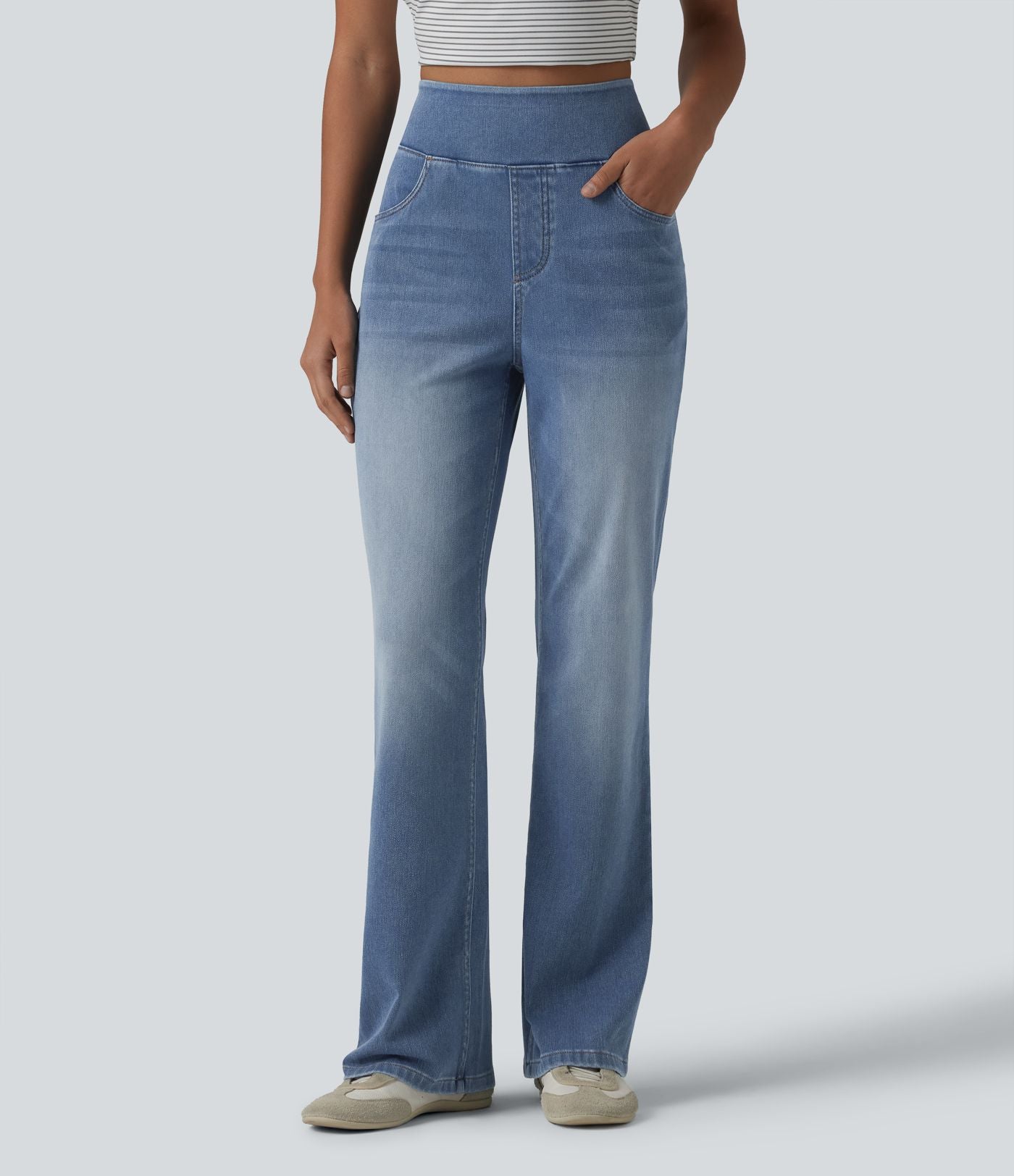 Jean Halara Flex™ Curvy taille haute bootcut délavé décontracté avec poches