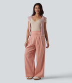 Pantalon large casual aspect lin taille très haute smocké réglable avec poches