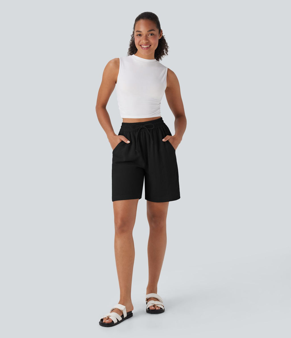 Short décontracté effet lin taille haute avec cordon de serrage et poches latérales