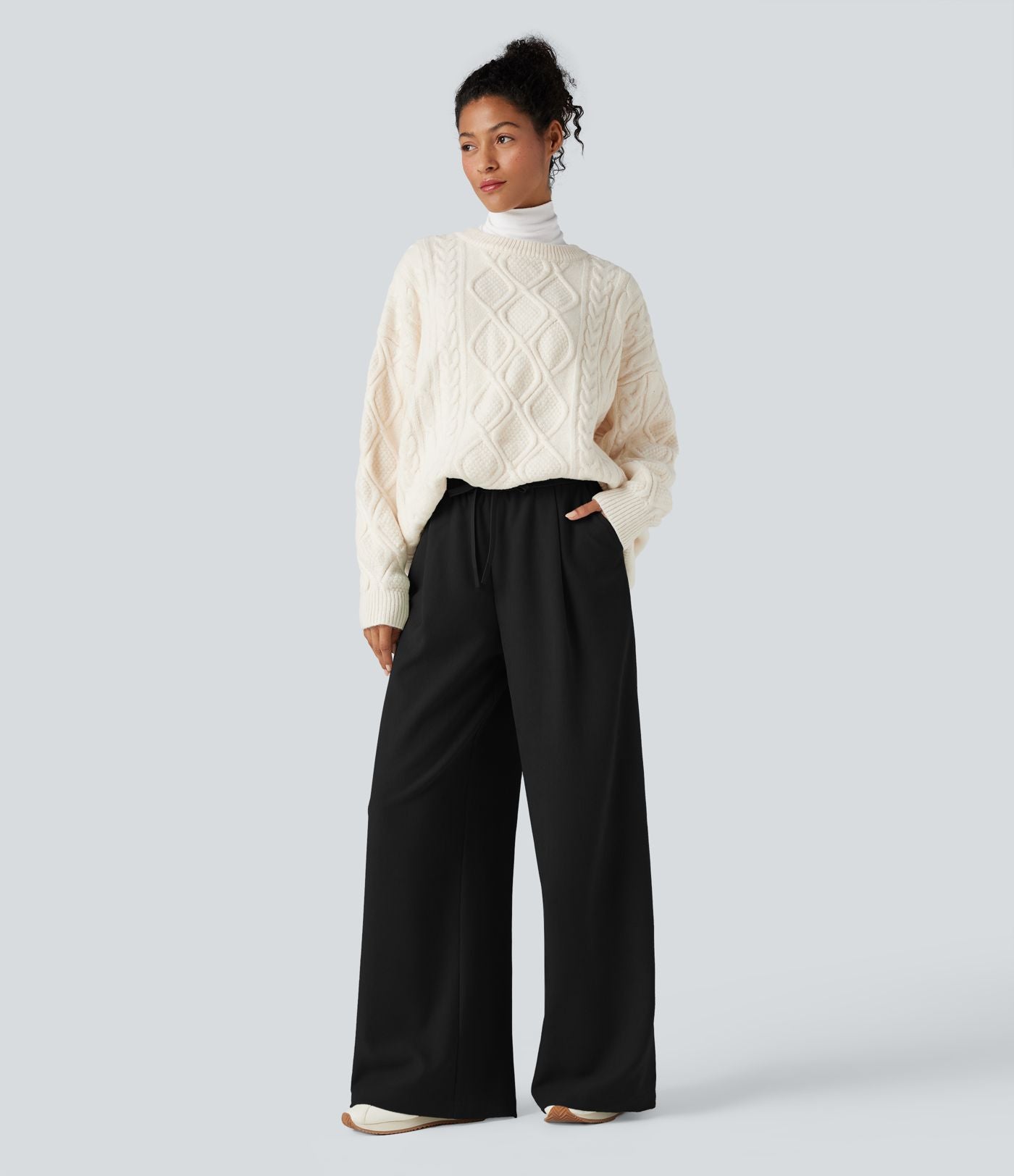 Pantalon large taille haute avec cordon de serrage et poches