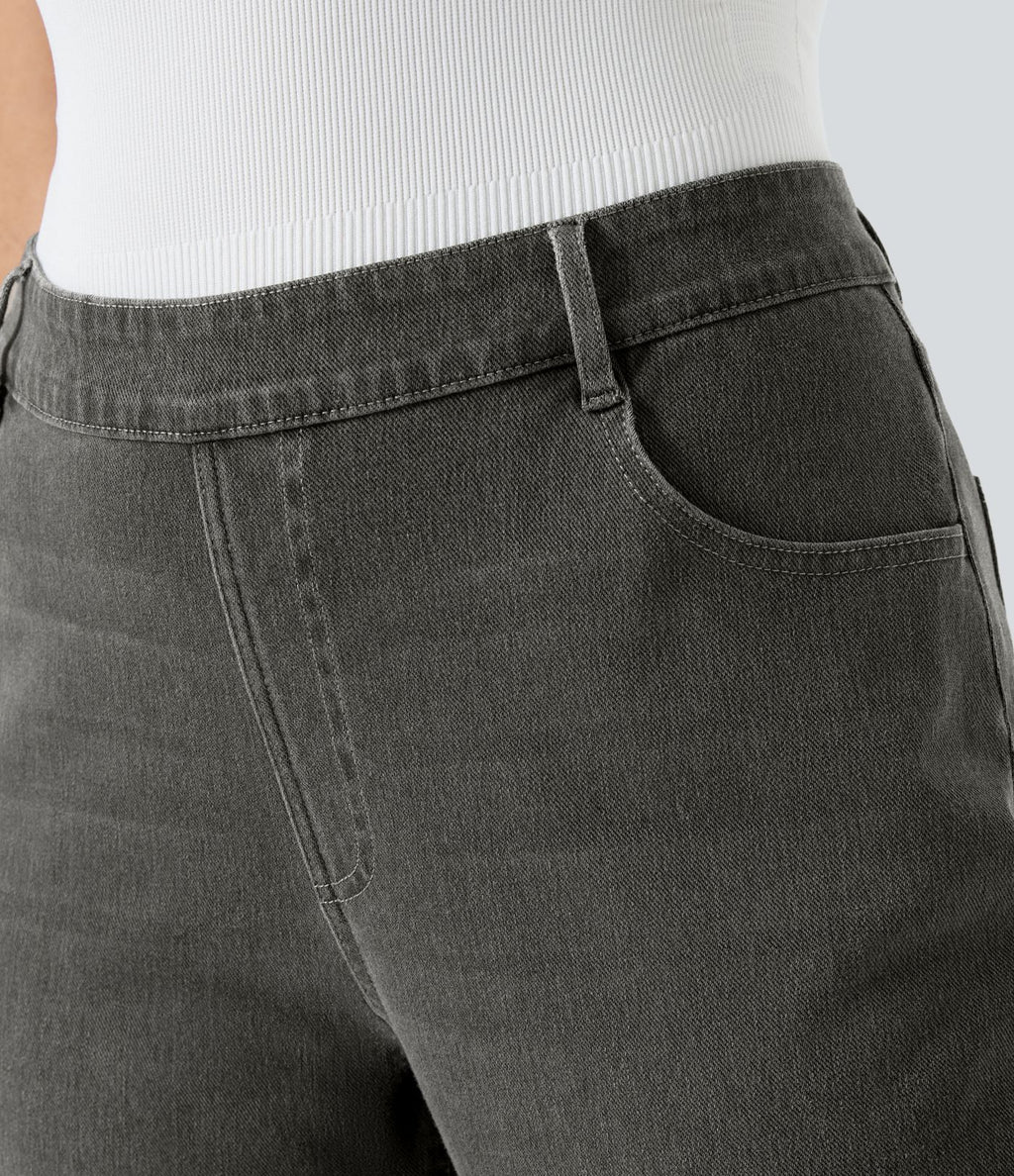 Jean décontracté Halara Flex™ grande taille, taille haute, multiples poches, jambes droites, effet délavé, en maille extensible