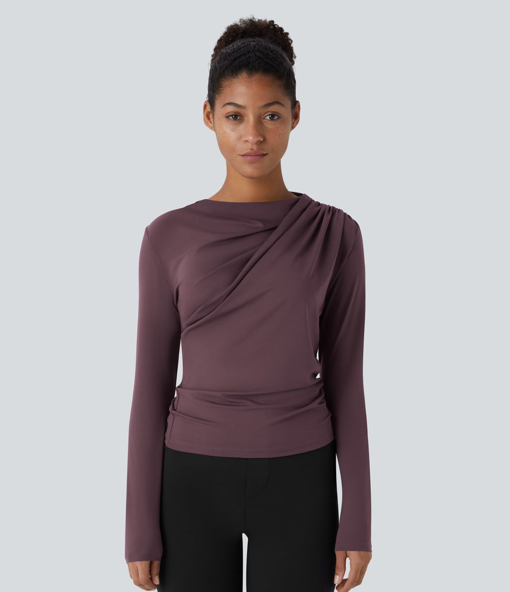 Cowl Neck Ruched Long Sleeve Slim Work Top