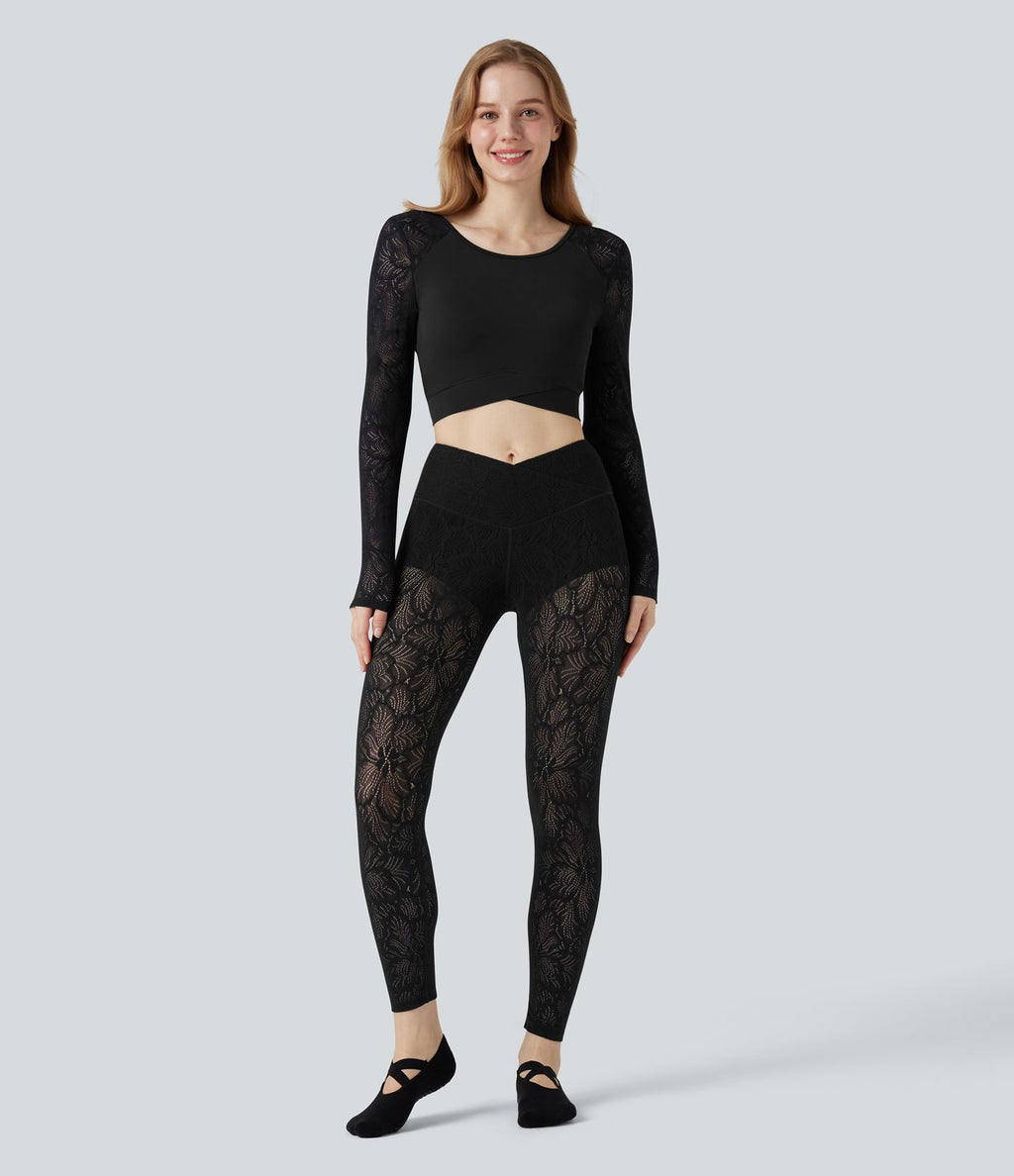 Haut de sport yoga court dos nu manches longues dentelle contrastante et ourlet croisé SoftlyZero™ - UPF50+