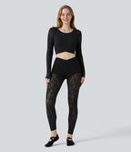 Haut de sport yoga court dos nu manches longues dentelle contrastante et ourlet croisé SoftlyZero™ - UPF50+