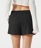 Short décontracté taille basse à cordon de serrage, aspect lin, avec poches