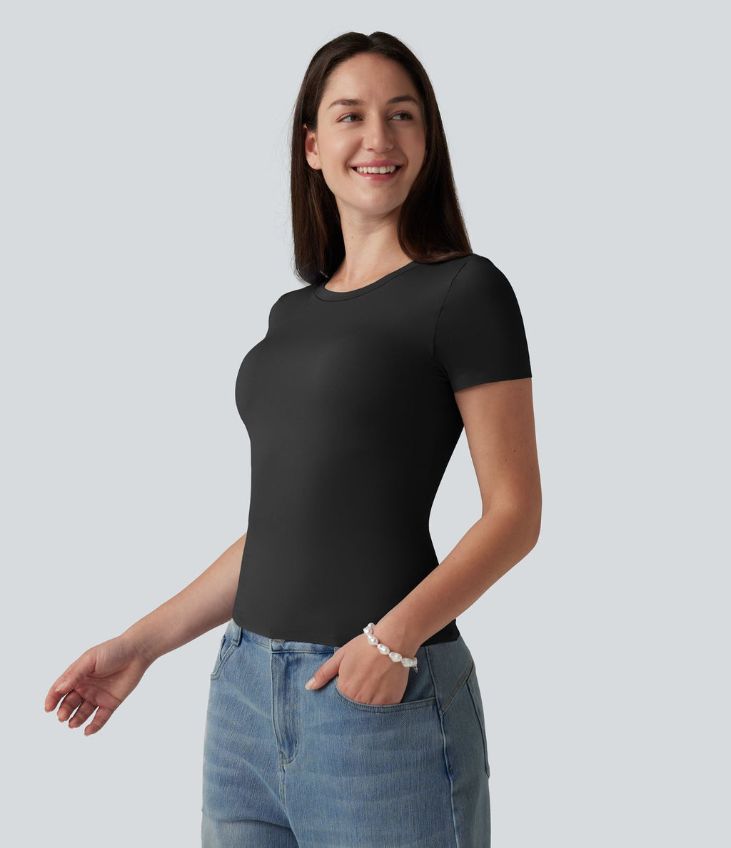 T-shirt décontracté col rond échancré à manches courtes avec soutien-gorge intégré bonnets B-DD