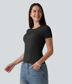 T-shirt décontracté col rond échancré à manches courtes avec soutien-gorge intégré bonnets B-DD