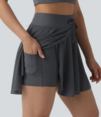Jupe mini fluide évasée 2-en-1 taille haute à cordon, empiècements en mesh contrastant, avec poche, version plus longue