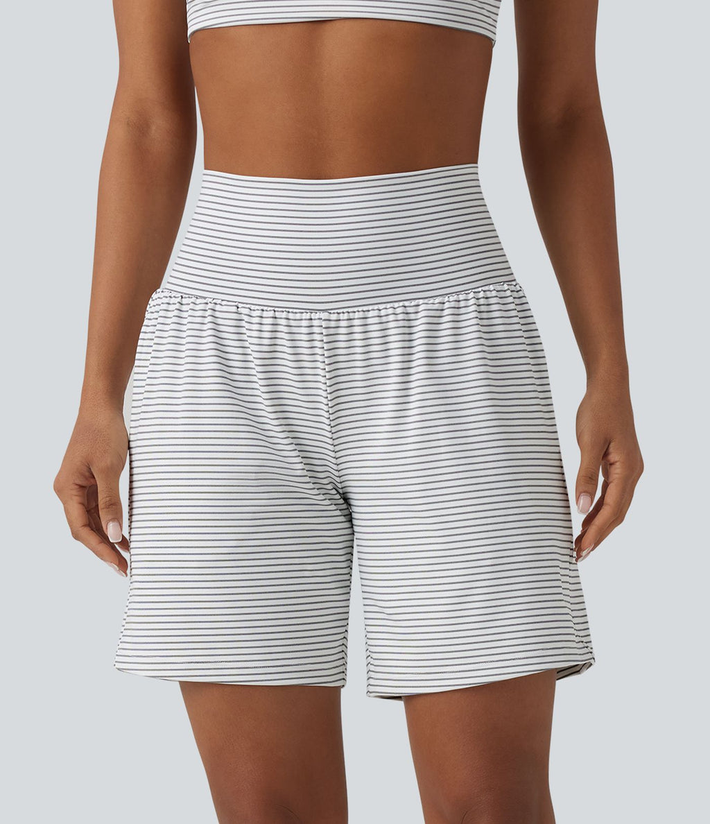 Short yoga 2-en-1 à rayures taille super haute 17,5 cm avec poches