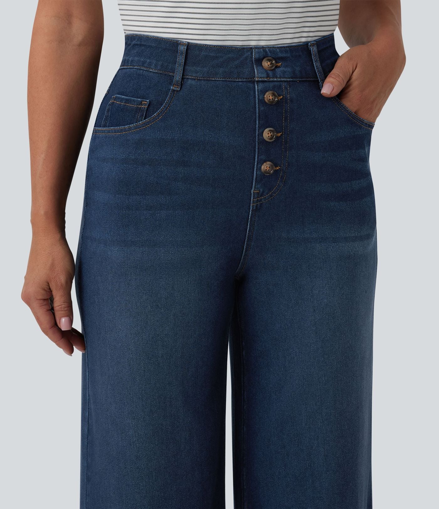 Halara Flex™ Jean large casual raccourci taille haute en lyocell drapé, avec poches