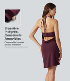 Robe mini côtelée dos nu à col halter, encolure drapée et coussinets amovibles