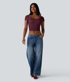 T-shirt crop décontracté côtelé dos nu à nouer avec soutien-gorge intégré manches courtes