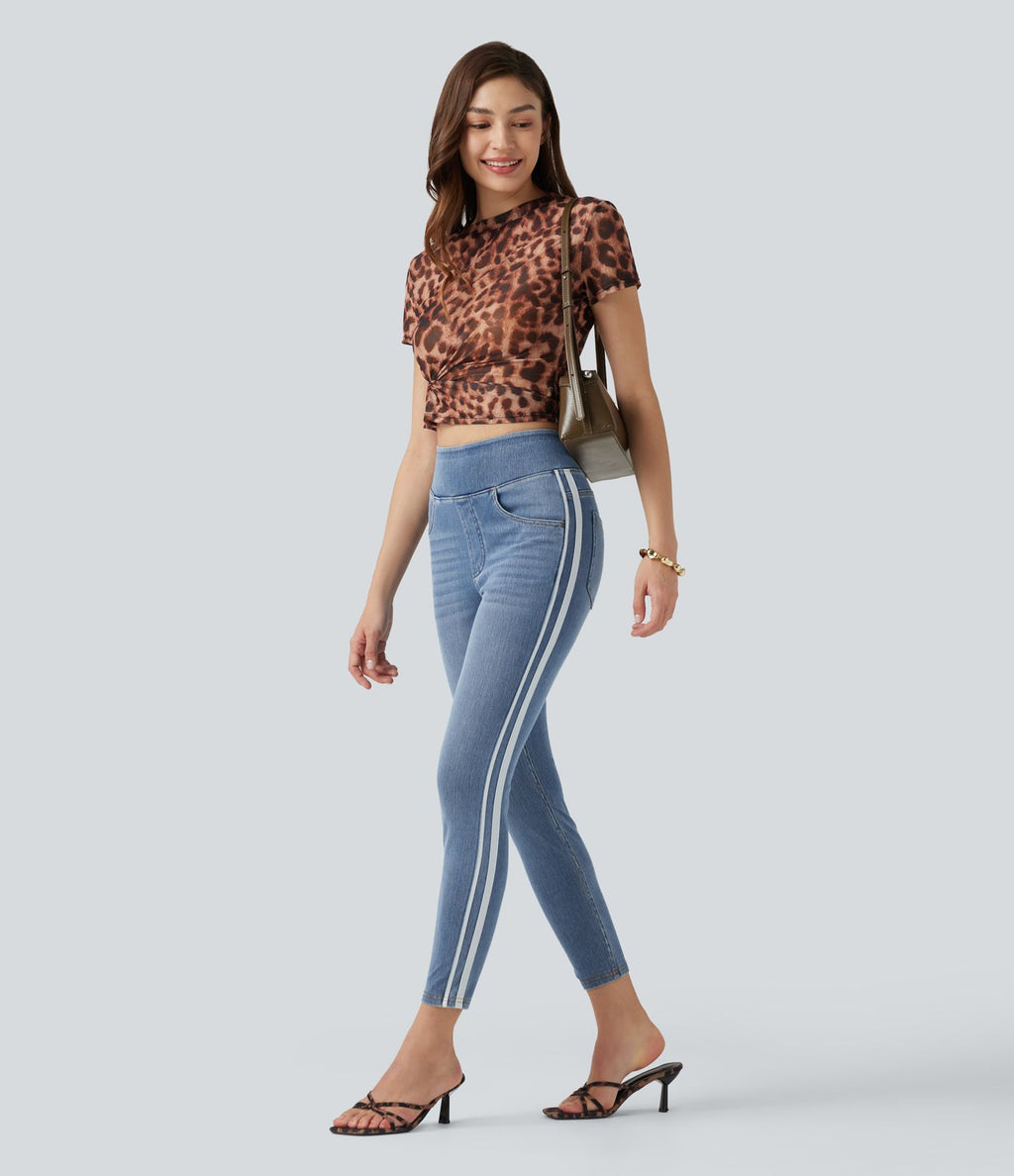 Jean skinny Halara Flex™ taille haute délavé à rayures avec poches