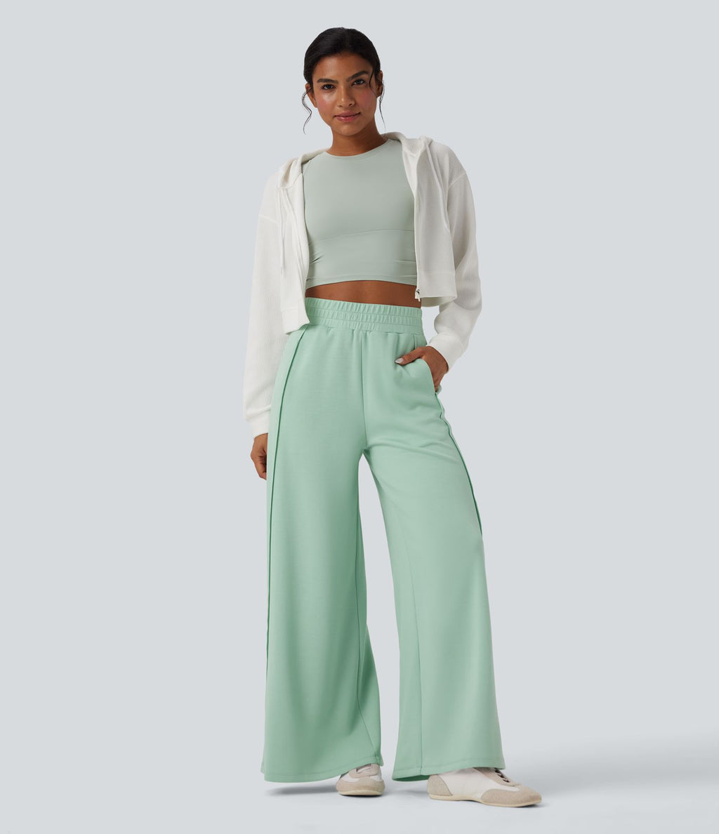 Pantalon décontracté micro gaufré jambe large taille haute avec poches
