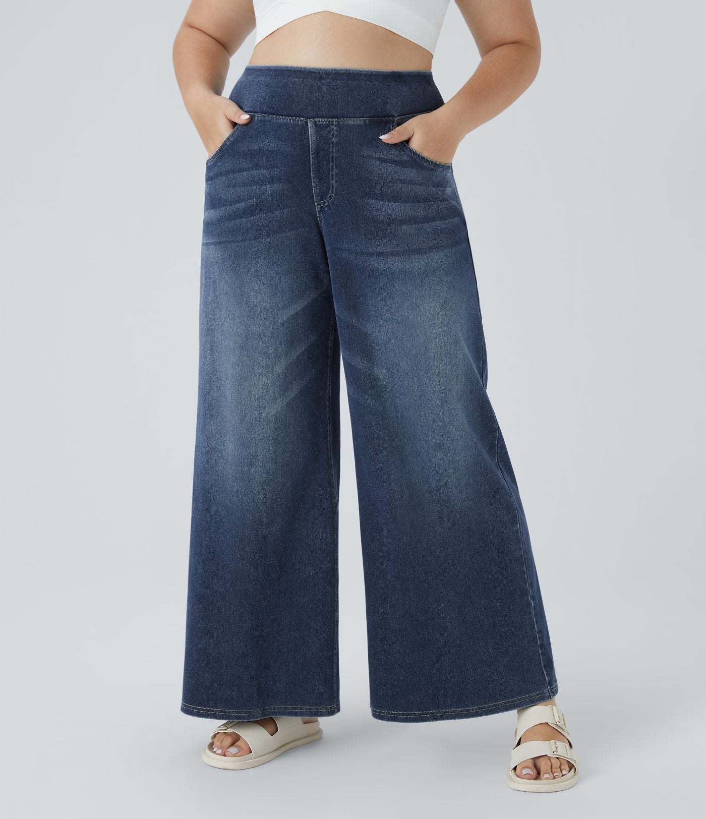 Halara Flex™ Jeans Larges Casual Taille Haute Multiples Poches Lavés Élastiques et Tricotés Grande Taille