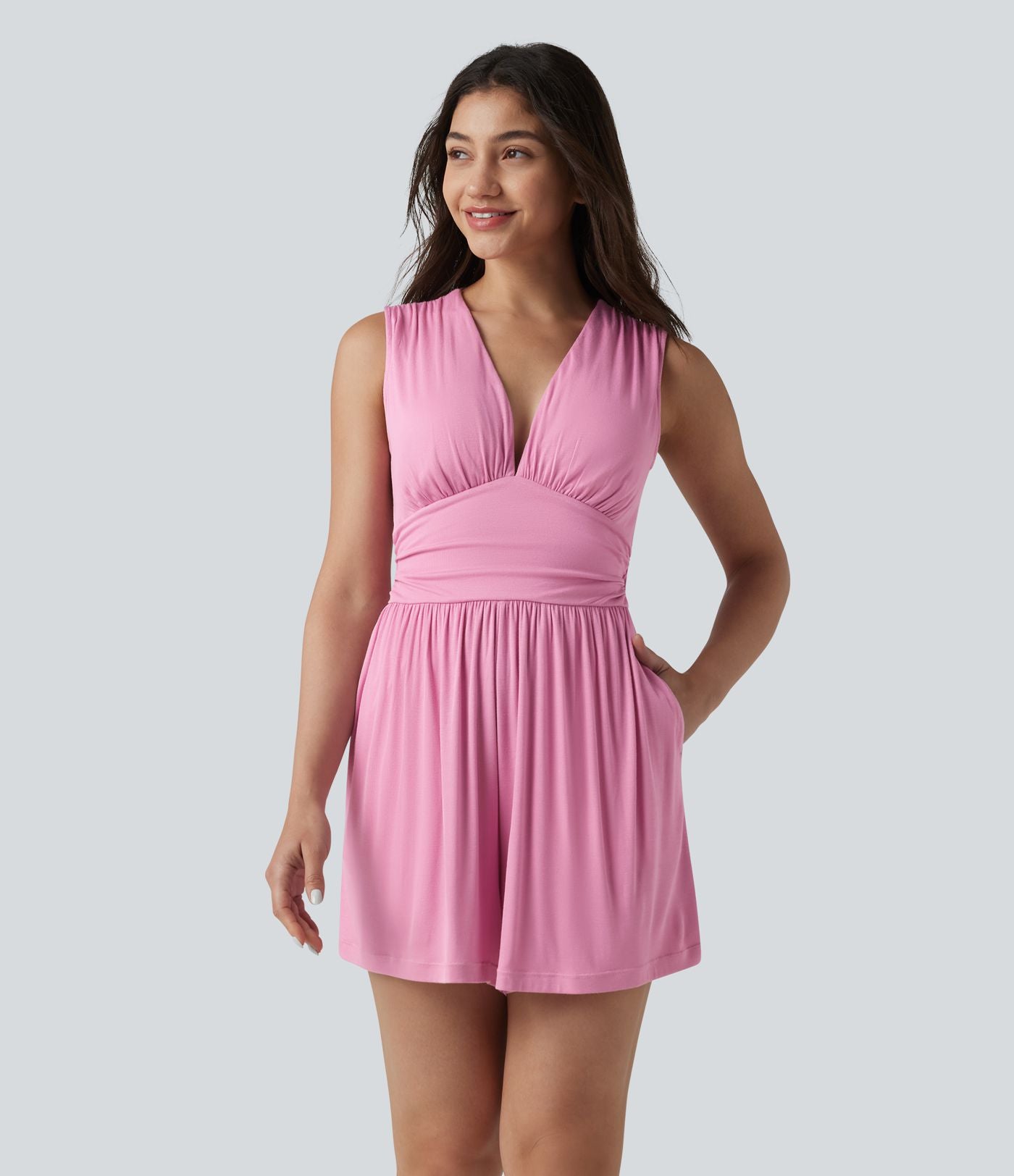 Combishort casual côtelé sans manches col V, fronces et soutien-gorge intégré, avec poches – Easy Peasy