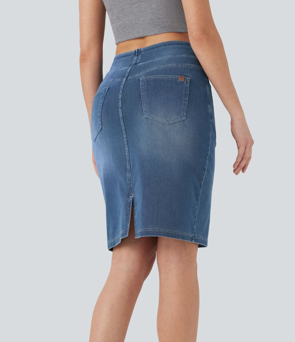 Halara Flex™ Jupe en Jean décontractée stretch délavé à taille haute, multiples poches et fente latérale